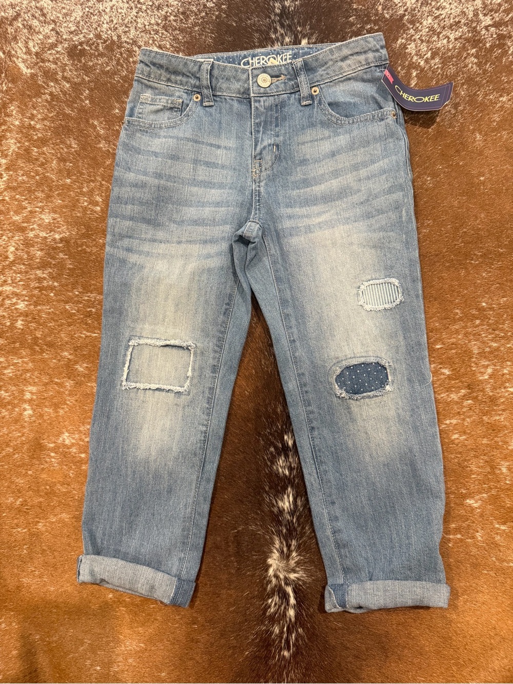 NWT Cherokee Girls Distressed Boyfriend Crop Jeans Size 10